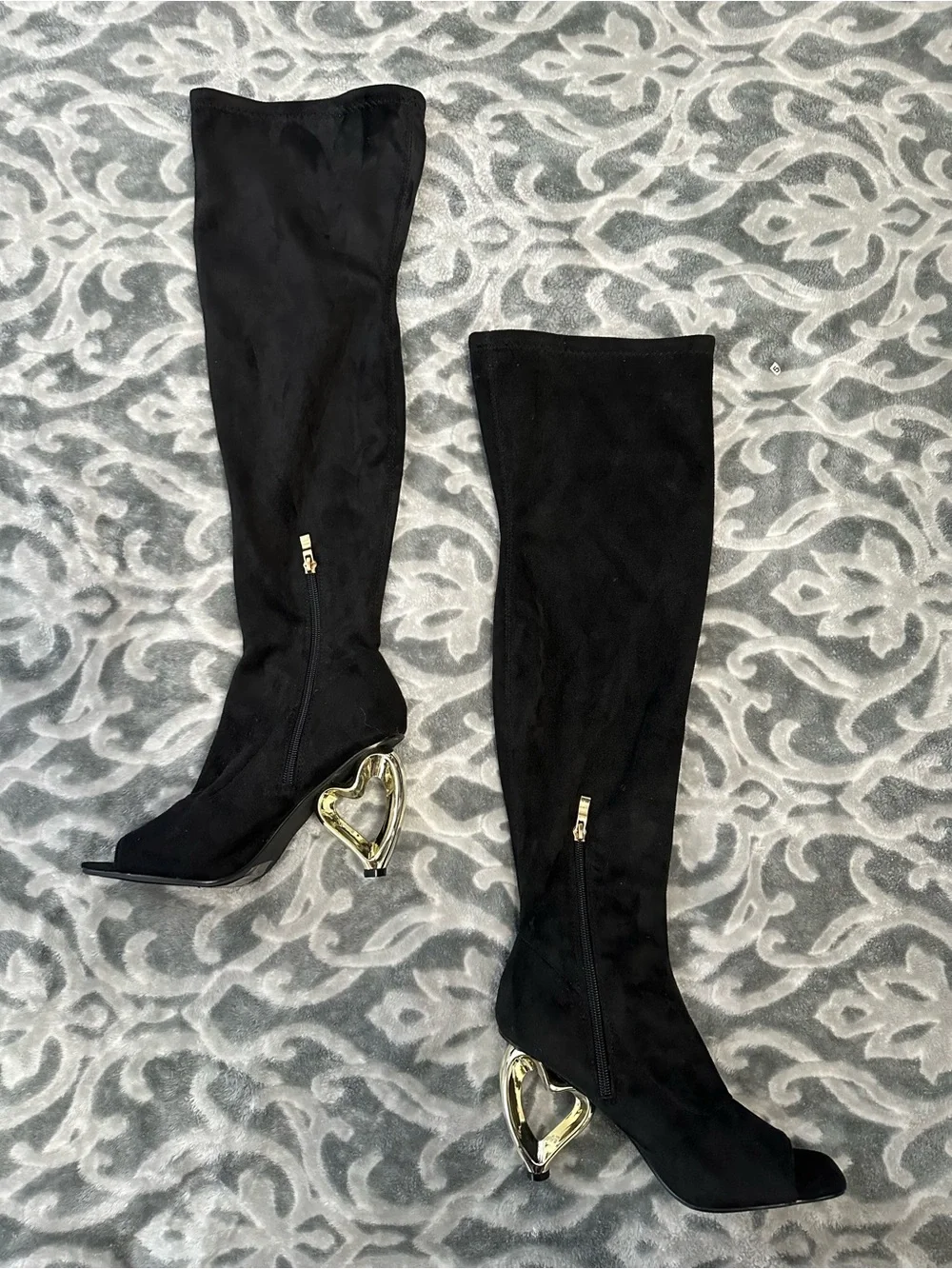 Yoki Black Over-the-Knee Peep-Toe Boots with Sculptural Gold Heel
